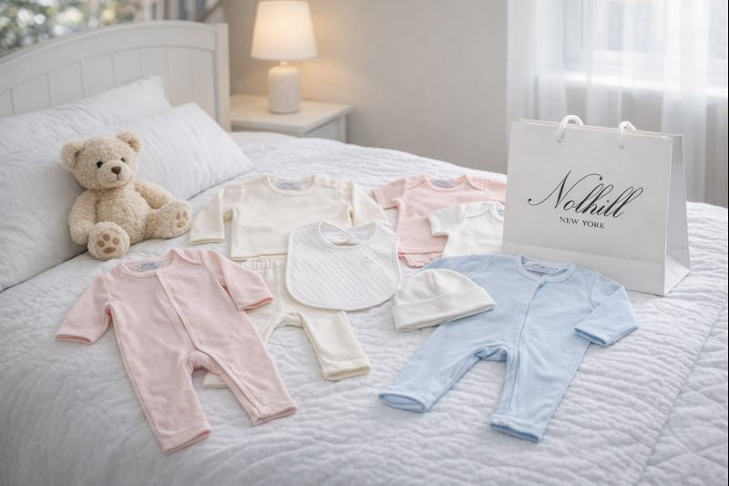 Nolhill newborn layette essentials including Pima cotton bodysuit, romper, beanie and bib arranged on top of a Bed 