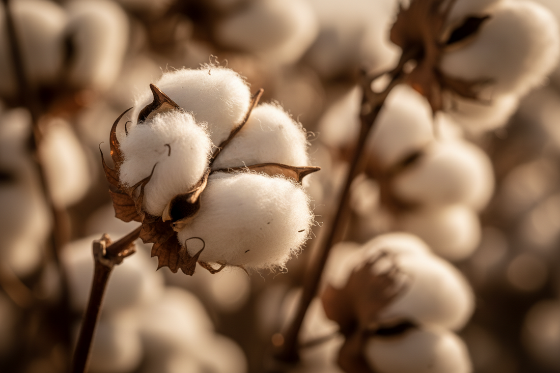 Macro view of raw Pima cotton plant, the extra-long staple fiber used for Nolhill luxury baby clothing.