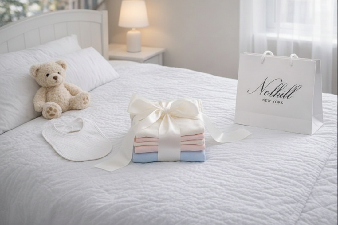 Nolhill luxury baby shower gift set in Peruvian Pima cotton, beautifully presented