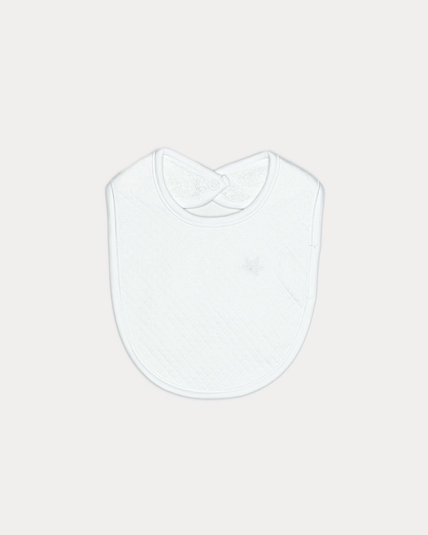 white, quilted premium Pima cotton baby bib, front view