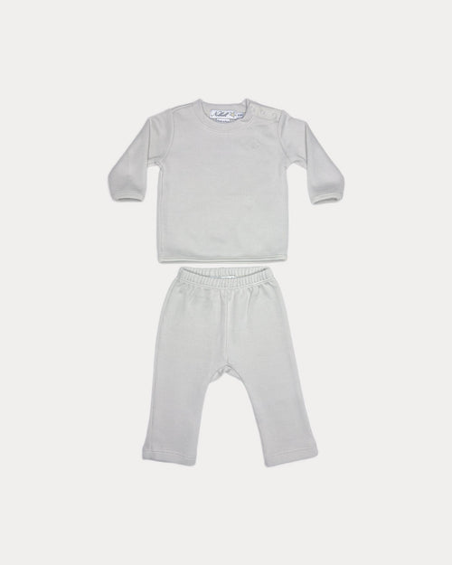 Quill-gray, premium Pima cotton layette set, front view