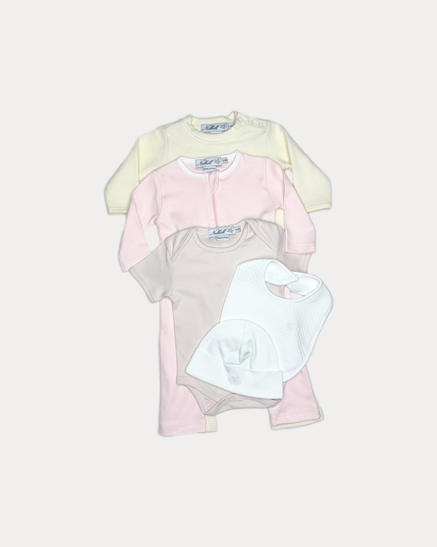 premium Pima cotton layette set, front view, newborn bundle in premium Pima cotton, gift ready set