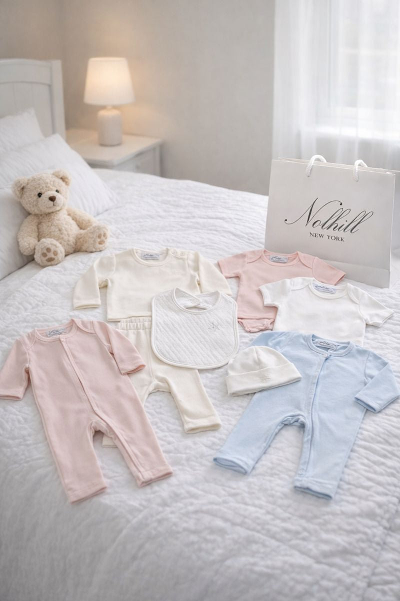 Nolhill Collection of baby clothes on a bed with a teddy bear and a bag in the background.