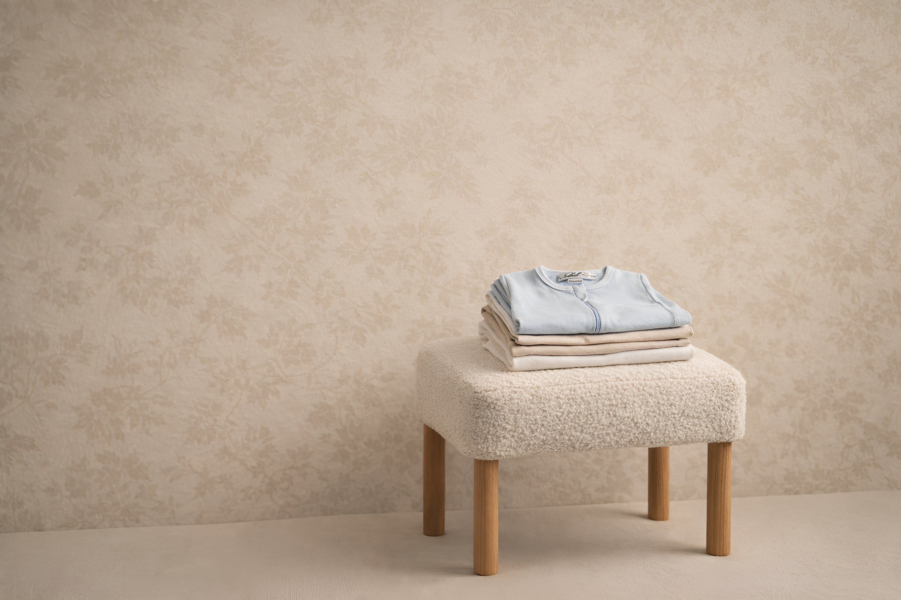 Stack of folded clothes on a textured stool against a beige wall