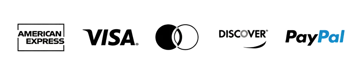 Logos of American Express, Visa, Mastercard, Discover, and PayPal on a white background