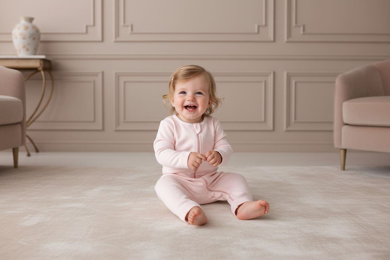 Baby wearing a pink onesie sitting on a light gray background with 'Nohlhill New York' branding.