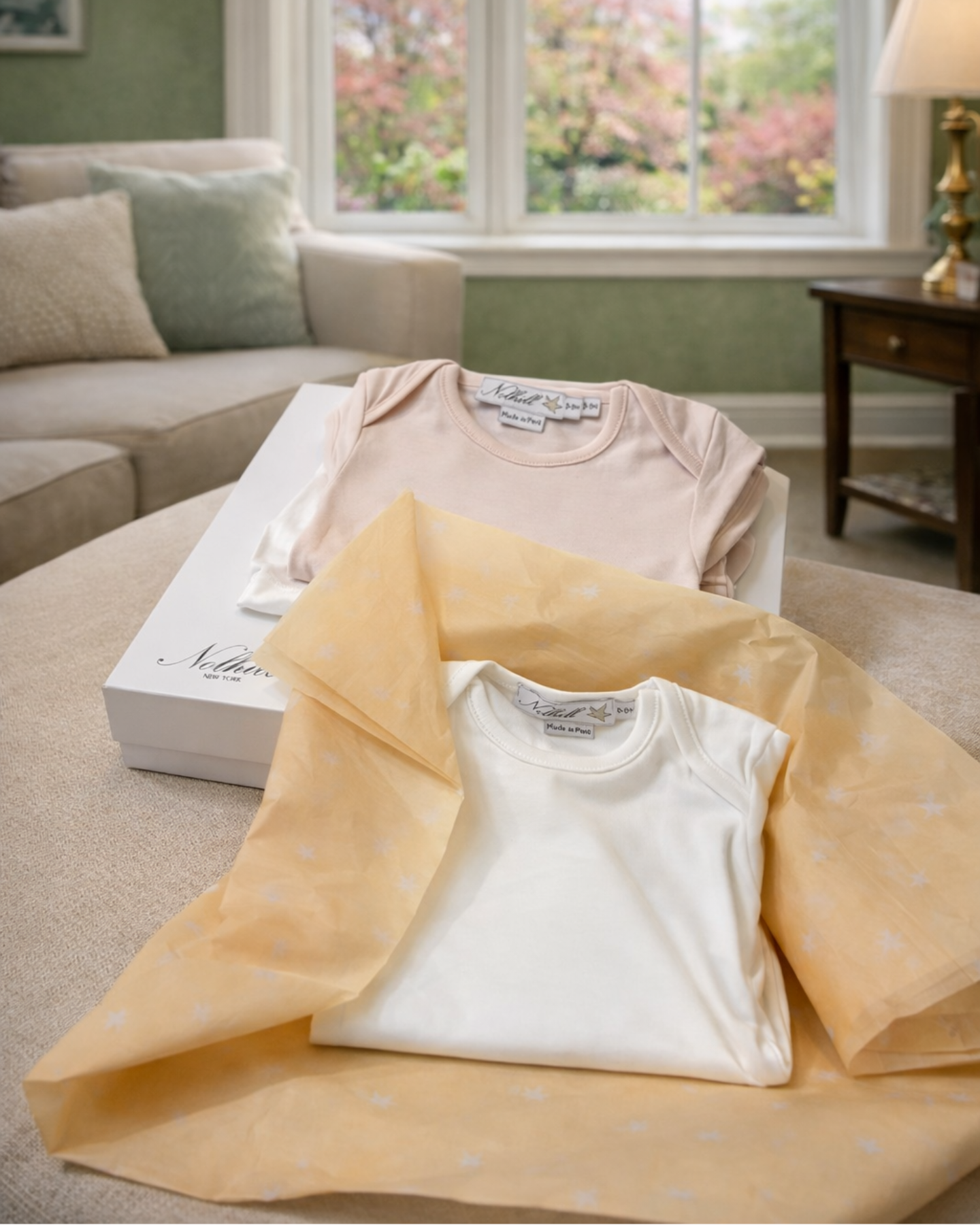 Carousel, White, Oatmeal, Nolhill Astor 2-day bodysuit rotation set in Pima cotton, front view