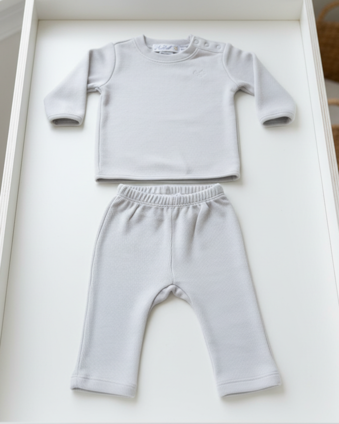 Quill-gray, Lifestyle Nolhill Enzo 2-piece Piqué layette set in heather grey Pima cotton with shoulder snaps, front view