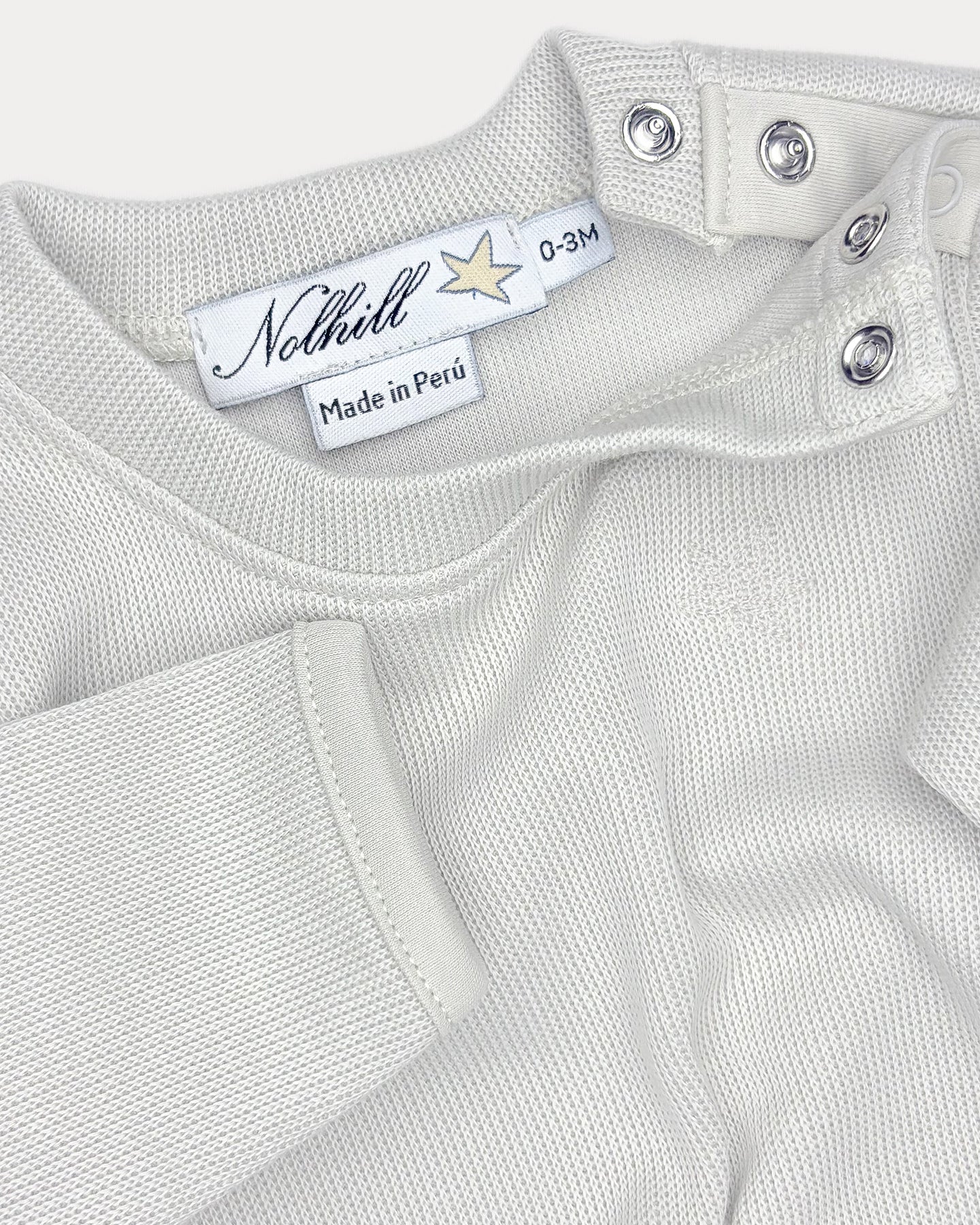 Quill-gray, Close-up of shoulder snap closure and Pima Piqué texture on Enzo layette set