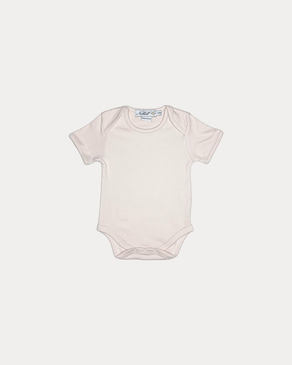 Oatmeal, Nolhill Essential short-sleeve bodysuit in oatmeal Pima cotton with lap-neck design, front view