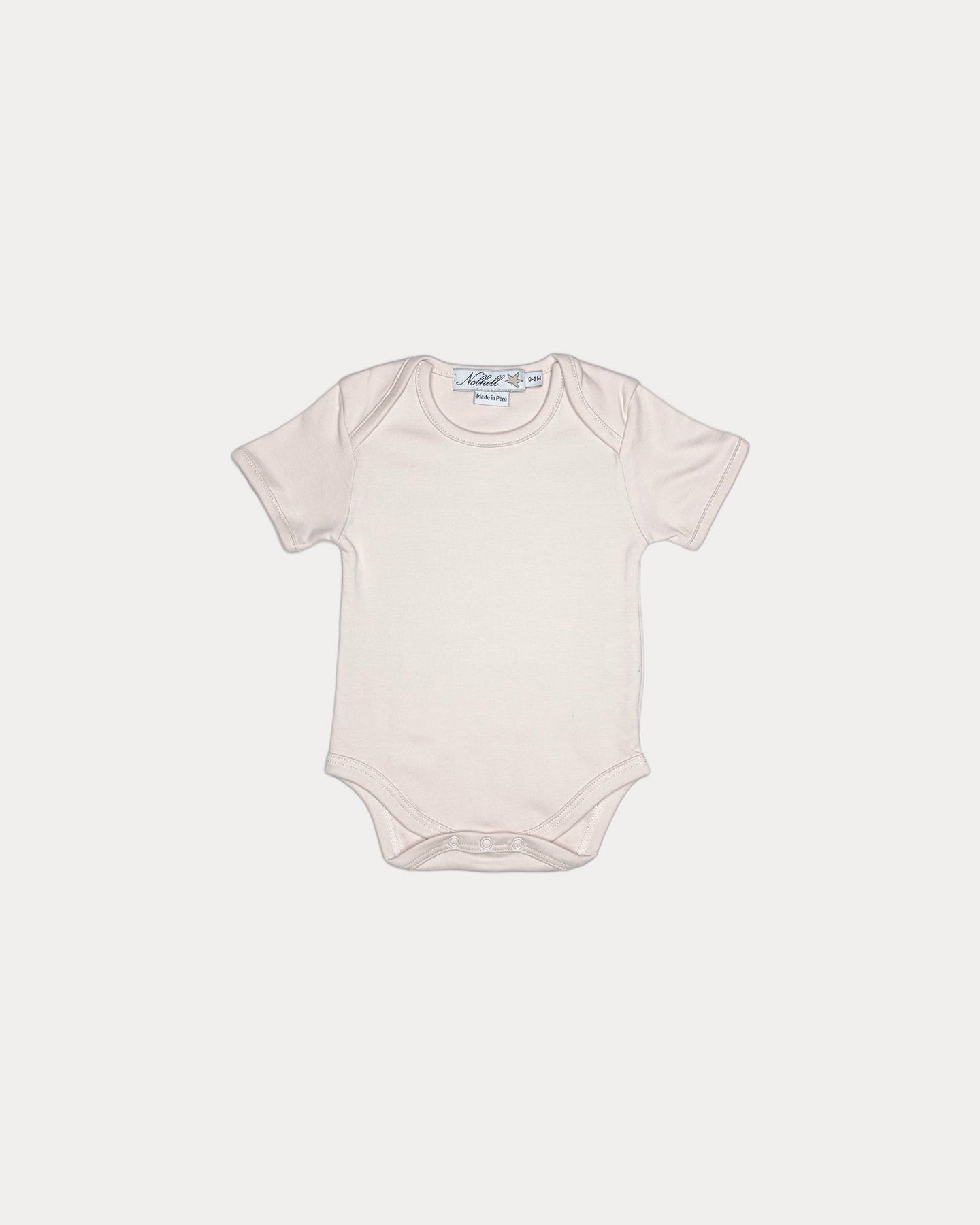 Oatmeal, Nolhill Essential short-sleeve bodysuit in oatmeal Pima cotton with lap-neck design, front view