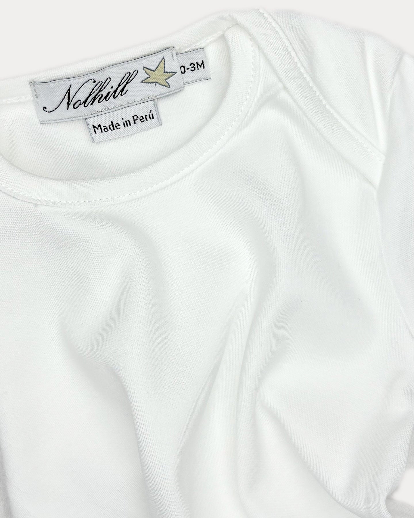 White, Close-up of lap-neck design with expandable shoulders on Essential bodysuit
