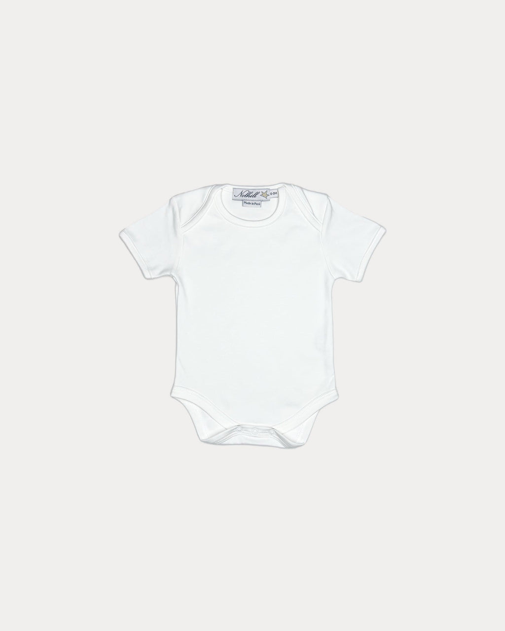 White, Nolhill Essential short-sleeve bodysuit in cloud white Pima cotton with lap-neck design, front view