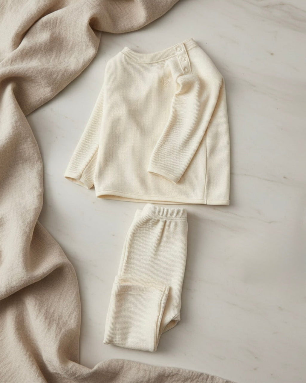 Bianca-, Nolhill Freya 2-piece Piqué layette set in cream Pima cotton with tonal embroidery, side view