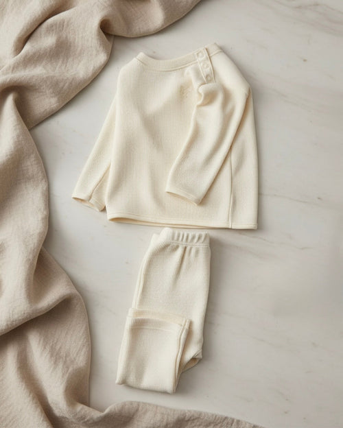 Bianca-, Nolhill Freya 2-piece Piqué layette set in cream Pima cotton with tonal embroidery, side view