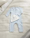 Arctic blue, Lifestyle Nolhill Gramercy Boy newborn gift set with Nicolas romper and Valentine Beane in Pima cotton.