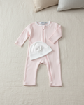 Rose, Lifestyle Nolhill Gramercy Boy newborn gift set with Lina romper and Valentine Beane in Pima cotton.