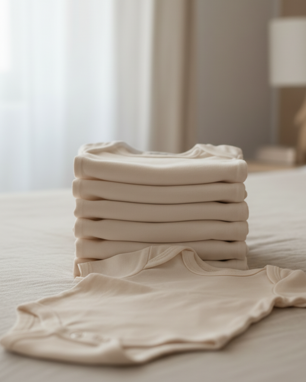 oatmeal, Lifestyle Nolhill Greenwich 7-day bodysuit rotation set in Pima cotton, front view