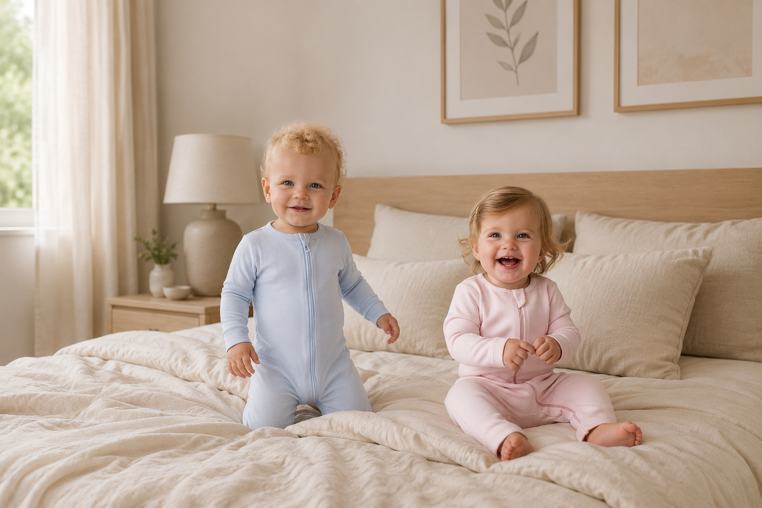 Newborn wearing Nolhill L'Essentiel Nicolas and Lina rompers, the result of a decade of childcare observation
