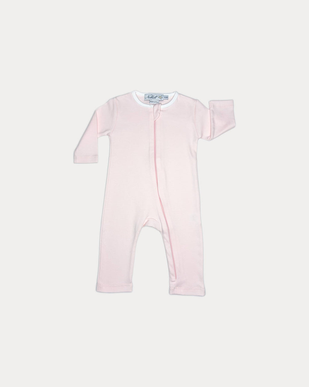Rose, Nolhill Lina footless romper in dusky rosewood blush Pima cotton with hidden zipper, front view
