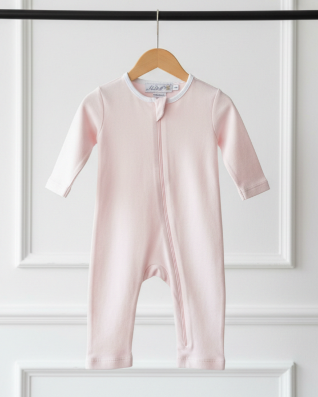 Rose, Lyfestyle Nolhill Lina footless romper in dusky rosewood blush Pima cotton with hidden zipper, front view