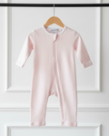 Rose, Lyfestyle Nolhill Lina footless romper in dusky rosewood blush Pima cotton with hidden zipper, front view