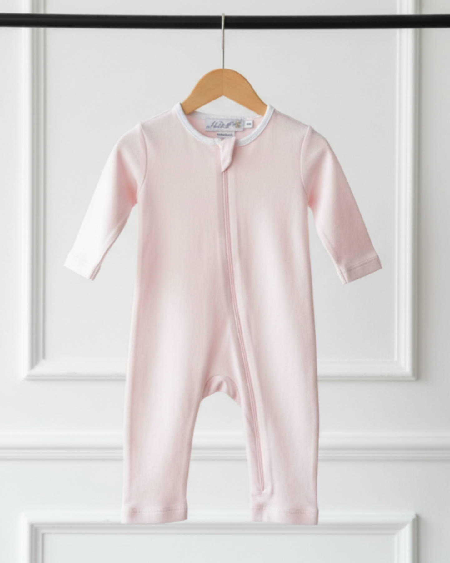 Rose, Lyfestyle Nolhill Lina footless romper in dusky rosewood blush Pima cotton with hidden zipper, front view