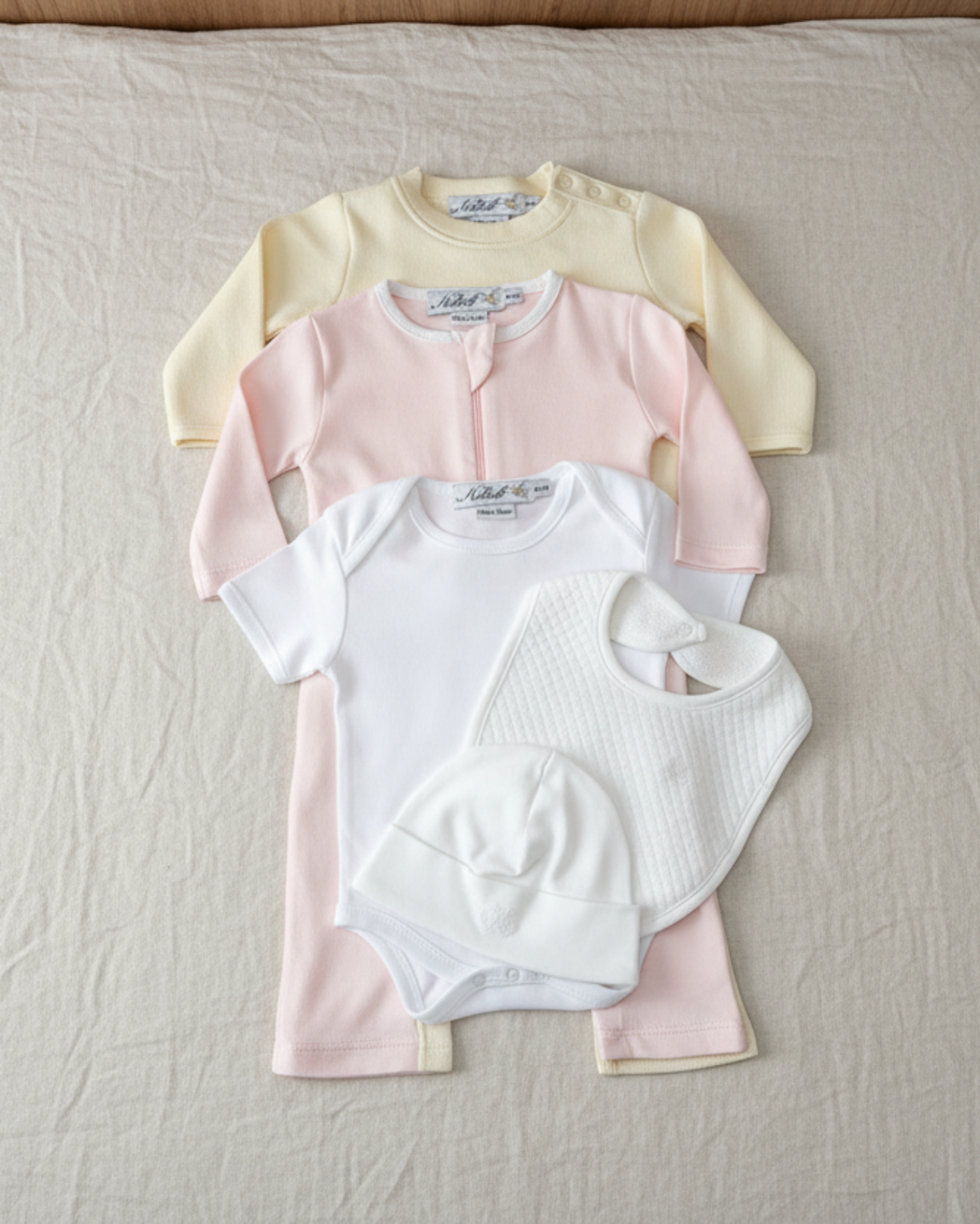White, Lifestyle Nolhill Madison Girl complete newborn gift set with layette, romper, bodysuit, beanie and bib in Pima cotton