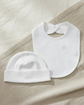 White, Lifestyle Nolhill Mercer complete newborn gift set with beanie and bib in Pima cotton