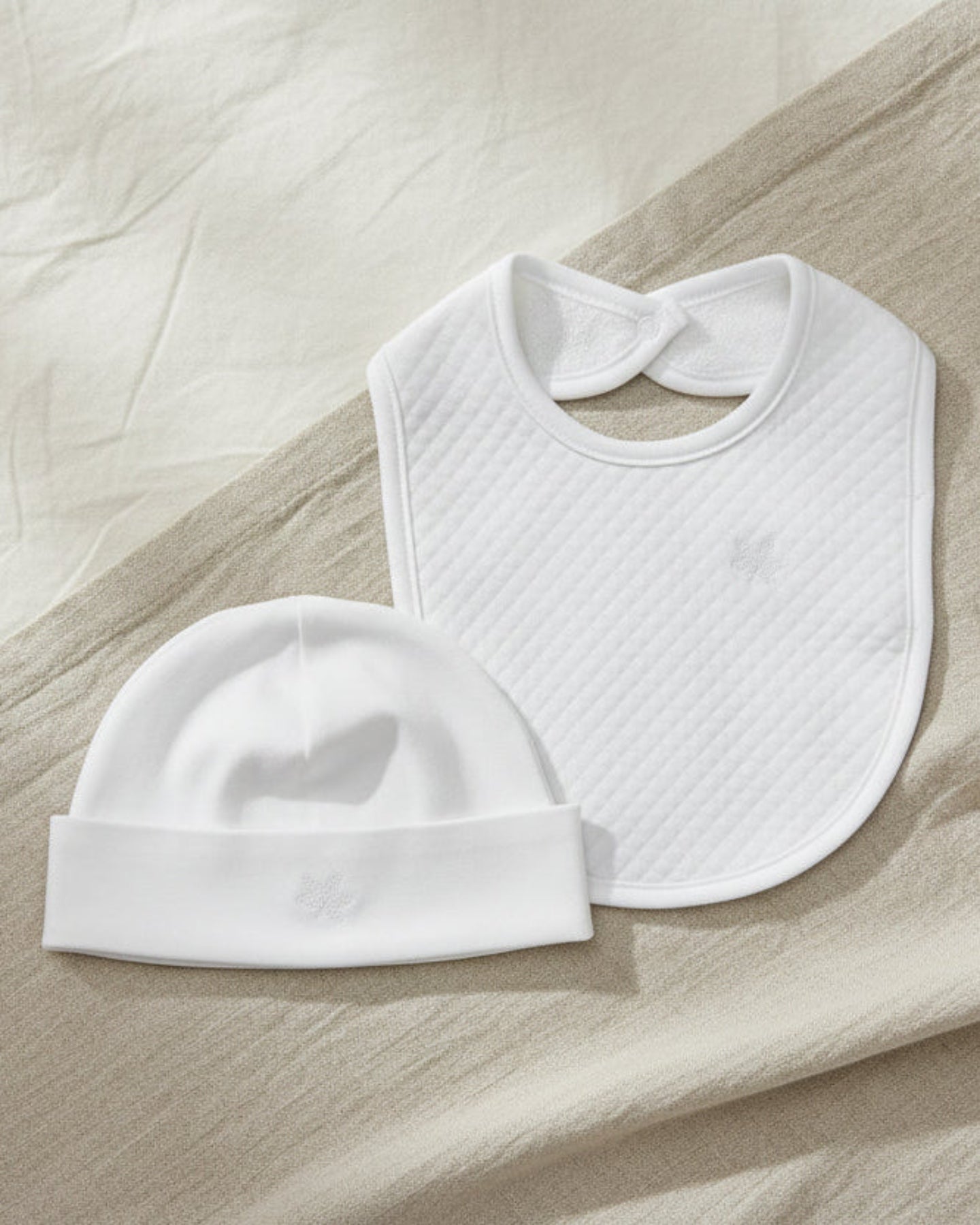 White, Lifestyle Nolhill Mercer complete newborn gift set with beanie and bib in Pima cotton