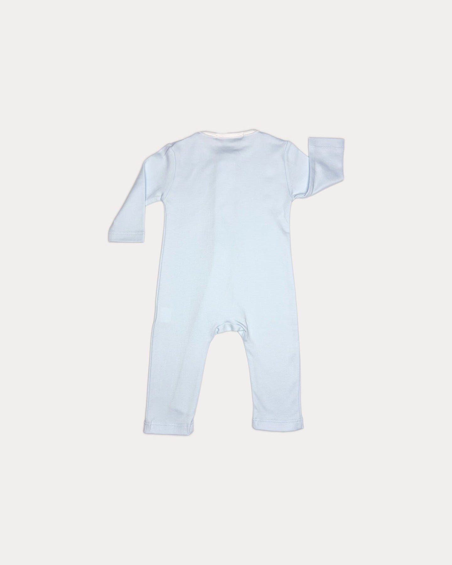Arctic blue, The Nicolas footless romper by Nolhill, back view showing soft Pima Interlock fabric