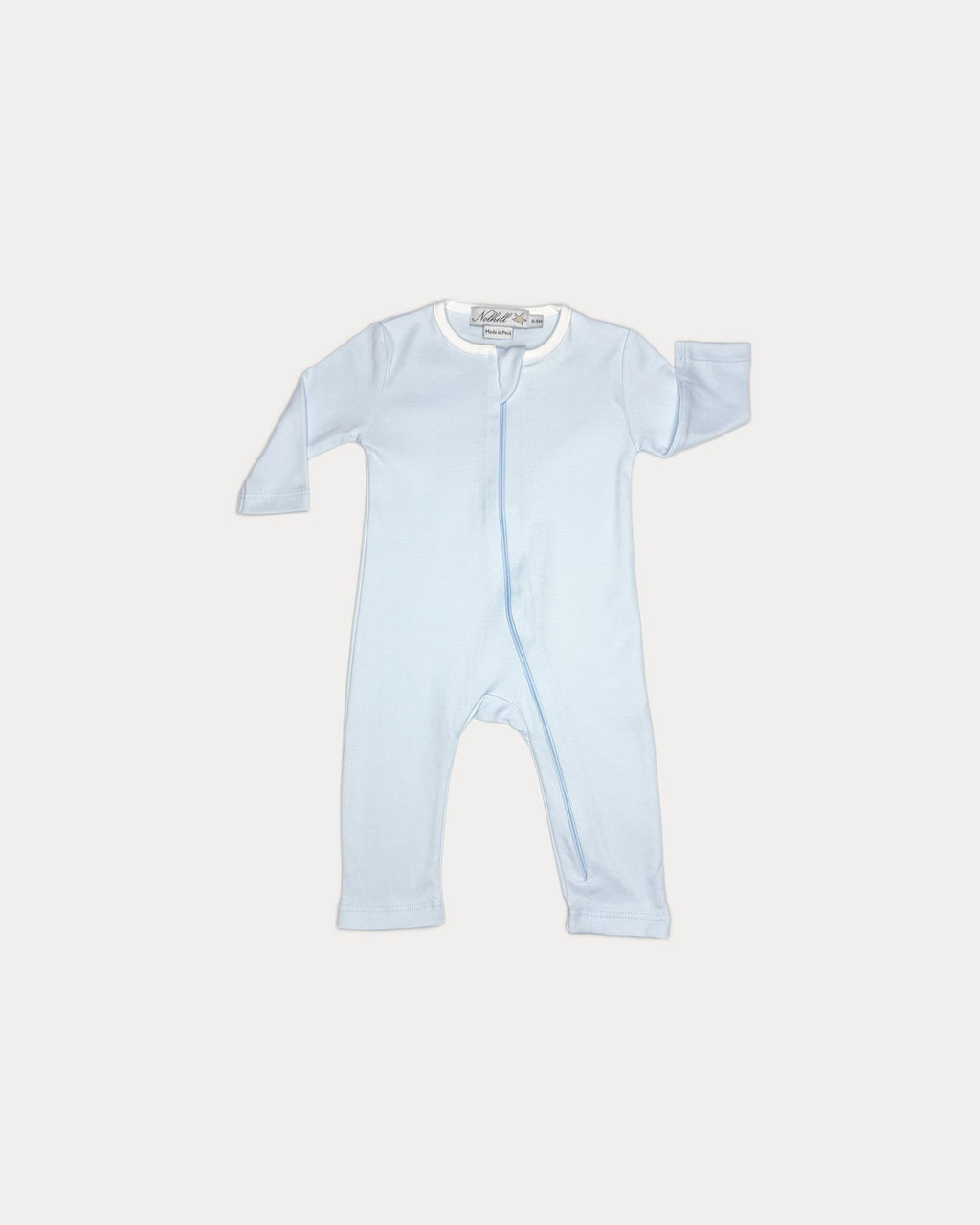 Arctic blue, Nolhill Nicolas footless romper in arctic blue Pima cotton with hidden zipper, front view