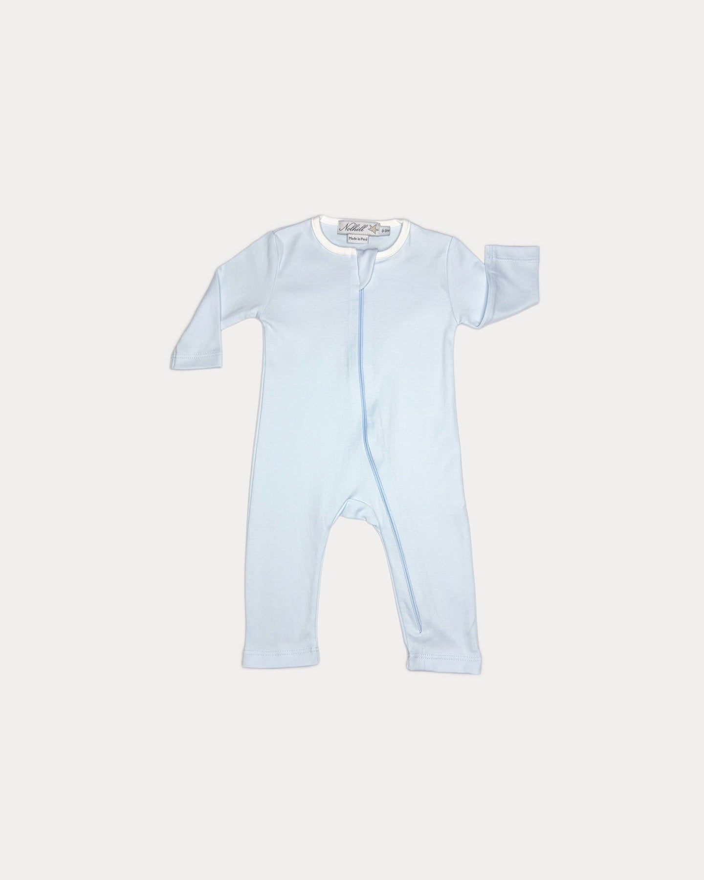 Arctic blue, Nolhill Nicolas footless romper in arctic blue Pima cotton with hidden zipper, front view