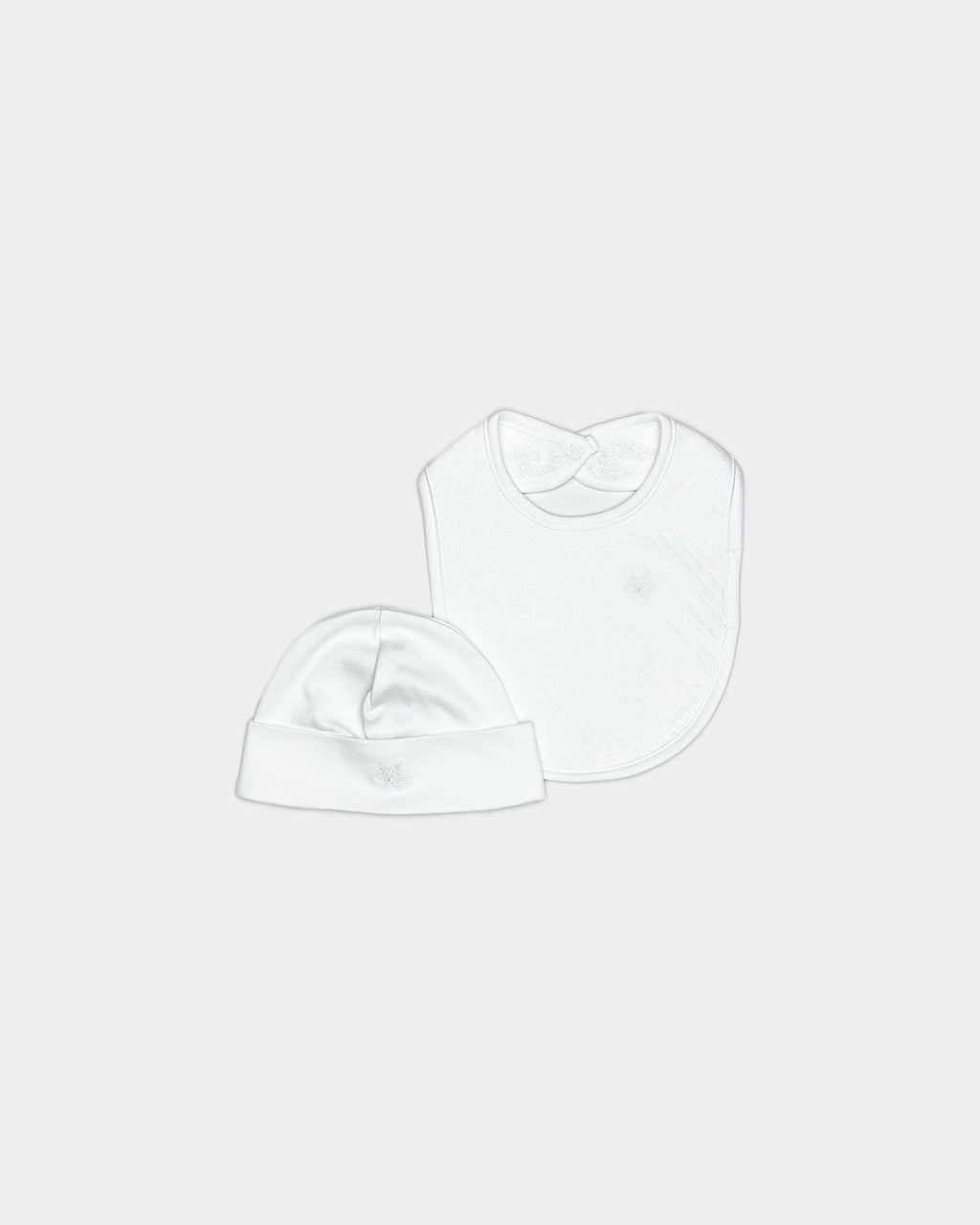 White, oatmeal, Nolhill Starter 3-piece newborn essentials set with bodysuit, beanie and bib in Pima cotton