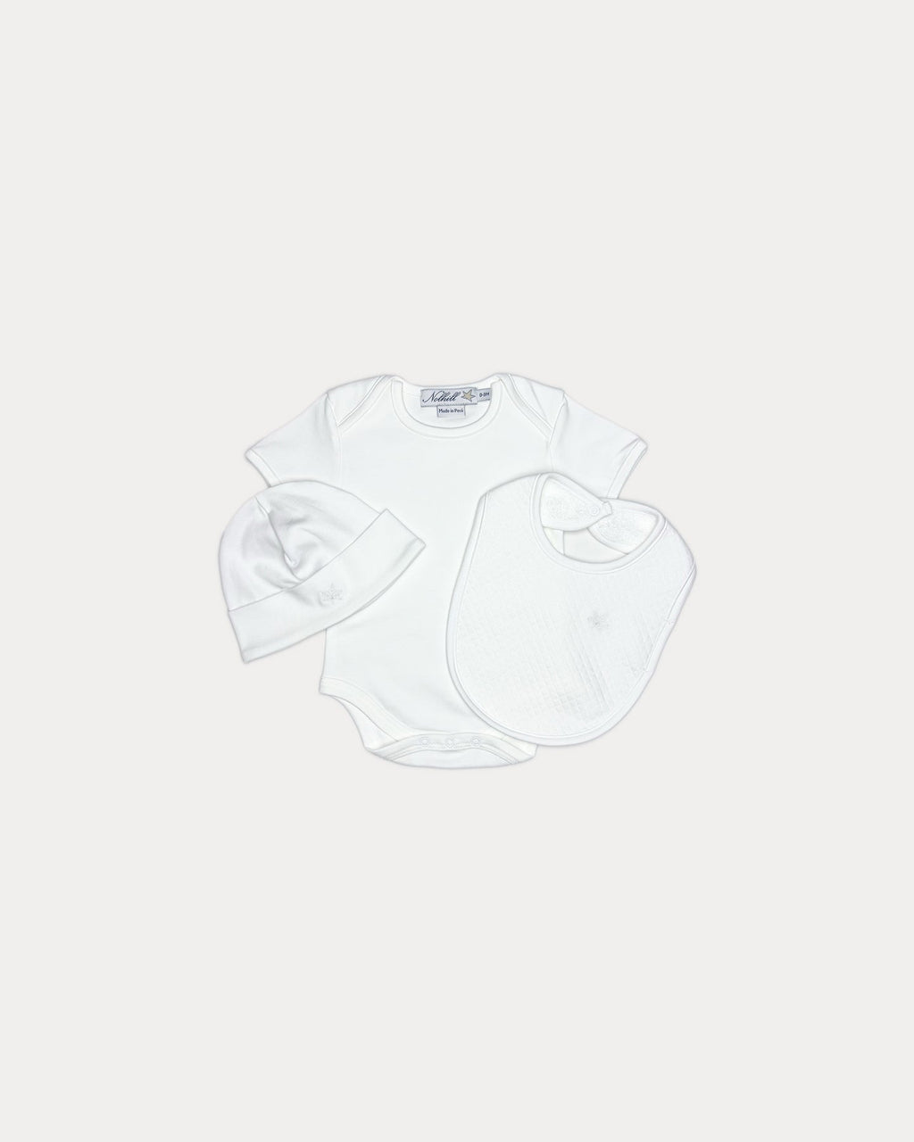 White,  Nolhill Starter 3-piece newborn essentials set with bodysuit, beanie and bib in Pima cotton