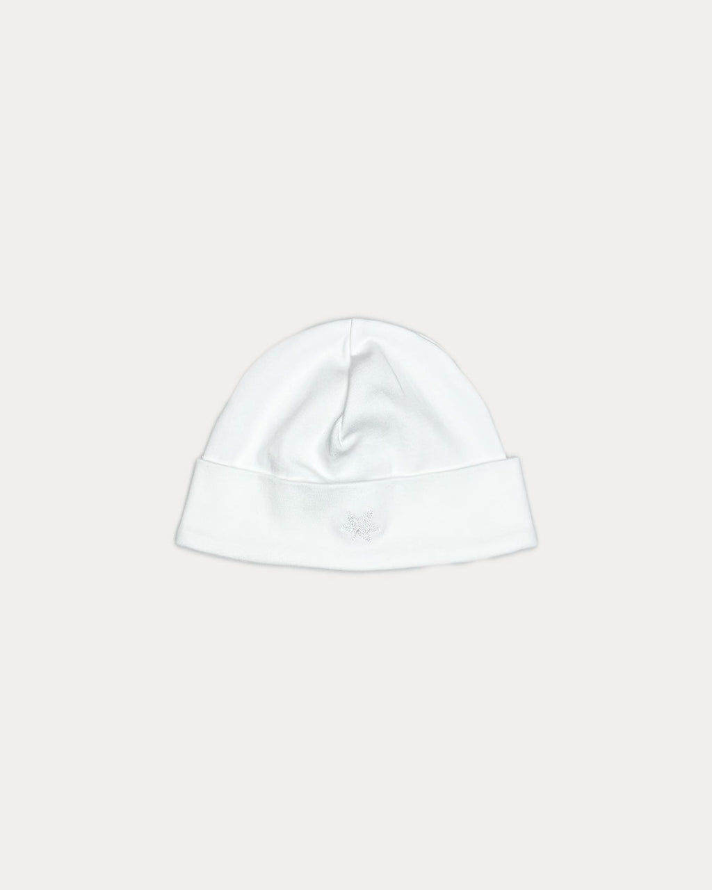whites, Nolhill Valentine soft beanie in Pima cotton with tonal embroidery detail, front view
